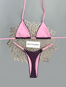 SHEIN Swim 2026春夏甜辣复古三角比基尼，系带性感波点印花分体泳衣，适合小胸，高端风格 - 彩色 - 查看 3