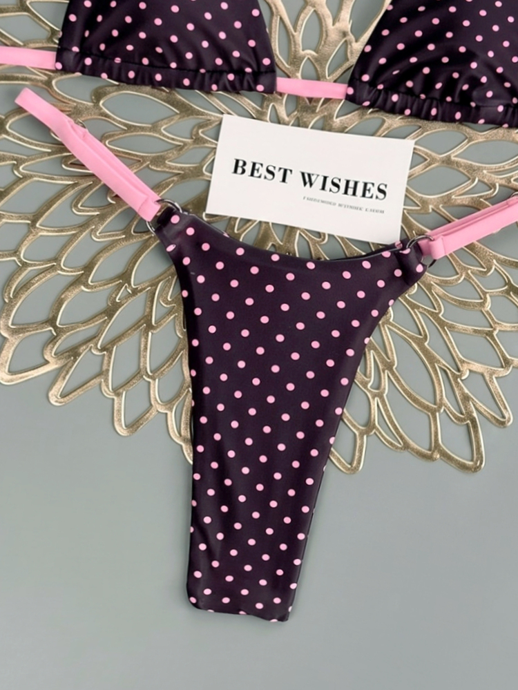 SHEIN Swim Pink And White Polka Dot,Summer,Cute,Beach Party,Holiday,Holiday Retro Triangle Bikini Tie-Up Separate Swimwear For Women Small Bust Vacation - Multicolor - View 6