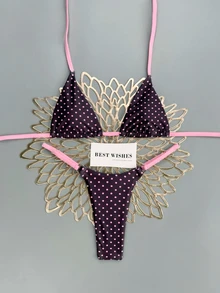 SHEIN Swim 2026春夏甜辣复古三角比基尼，系带性感波点印花分体泳衣，适合小胸，高端风格 - 彩色 - 查看 2