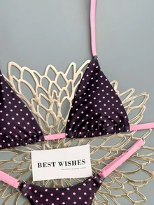 SHEIN Swim 2026春夏甜辣复古三角比基尼，系带性感波点印花分体泳衣，适合小胸，高端风格 - 彩色 - 查看 5