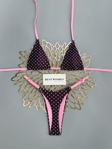 SHEIN Swim 2026春夏甜辣复古三角比基尼，系带性感波点印花分体泳衣，适合小胸，高端风格 - 彩色 - 查看 4