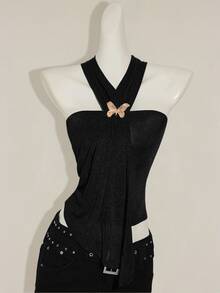SHEIN ICON 女式 3D 金属蝴蝶结装饰不对称挂脖背心 - 黑色 - 查看 4
