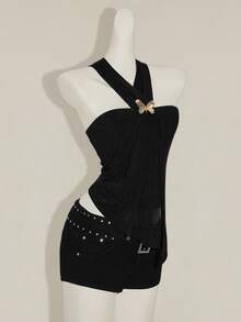 SHEIN ICON 女式 3D 金属蝴蝶结装饰不对称挂脖背心 - 黑色 - 查看 7