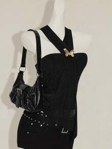 SHEIN ICON 女式 3D 金属蝴蝶结装饰不对称挂脖背心 - 黑色 - 查看 6
