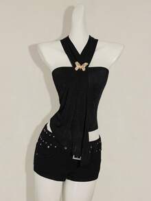 SHEIN ICON 女式 3D 金属蝴蝶结装饰不对称挂脖背心 - 黑色 - 查看 3