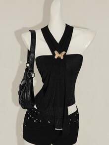 SHEIN ICON 女式 3D 金属蝴蝶结装饰不对称挂脖背心 - 黑色 - 查看 5