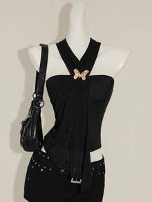 SHEIN ICON 女式 3D 金属蝴蝶结装饰不对称挂脖背心 - 黑色 - 查看 10