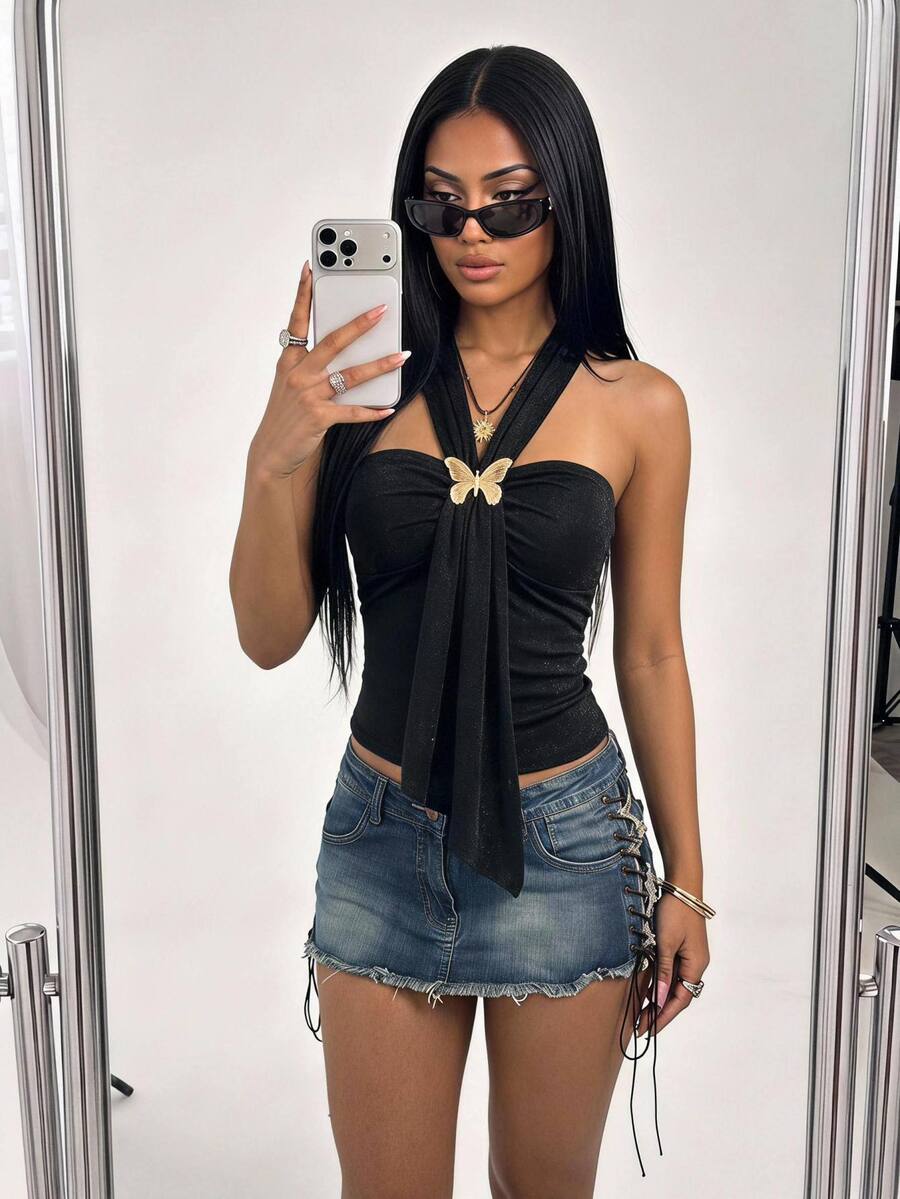 SHEIN ICON 女式 3D 金属蝴蝶结装饰不对称挂脖背心 - 黑色 - 查看 1