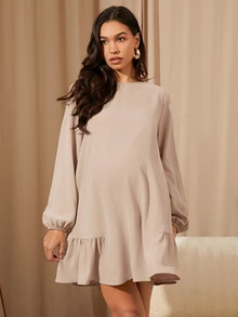 MaterniWear 女士休闲宽松长袖卡其色连衣裙，秋冬季，秋季短裙，秋季女装，办公室/工作服，返校节，教师服装，孕妇装 - 卡其色 - 查看 4