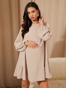 MaterniWear 女士休闲宽松长袖卡其色连衣裙，秋冬季，秋季短裙，秋季女装，办公室/工作服，返校节，教师服装，孕妇装 - 卡其色 - 查看 3