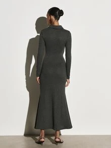 KSTM Long Sleeve Collared Mermaid Dress With Button Detail Fitted Knit Sweater Dress Fall Winter Holiday Party - Dark Grey - View 2