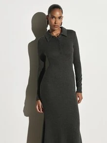 KSTM Long Sleeve Collared Mermaid Dress With Button Detail Fitted Knit Sweater Dress Fall Winter Holiday Party - Dark Grey - View 6