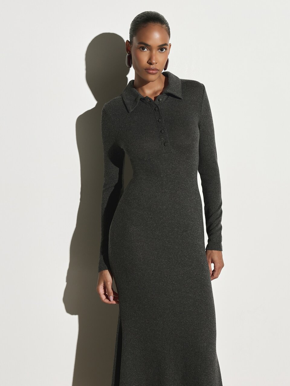 KSTM Long Sleeve Collared Mermaid Dress With Button Detail Fitted Knit Sweater Dress Fall Winter Holiday Party