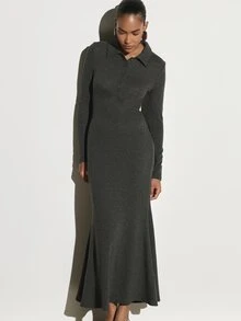 KSTM Long Sleeve Collared Mermaid Dress With Button Detail Fitted Knit Sweater Dress Fall Winter Holiday Party - Dark Grey - View 1