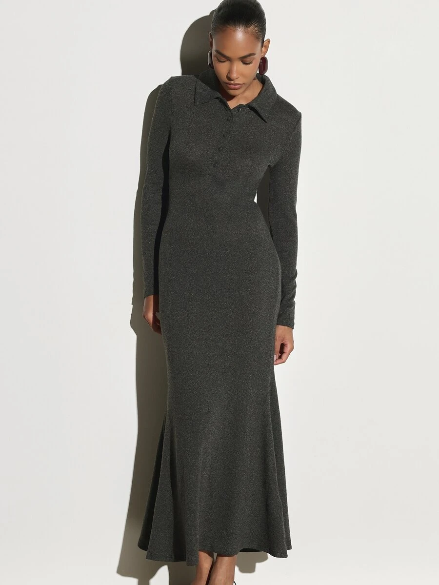 KSTM Long Sleeve Collared Mermaid Dress With Button Detail Fitted Knit Sweater Dress Fall Winter Holiday Party - Dark Grey - View 1