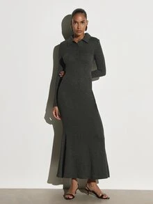 KSTM Long Sleeve Collared Mermaid Dress With Button Detail Fitted Knit Sweater Dress Fall Winter Holiday Party - Dark Grey - View 3