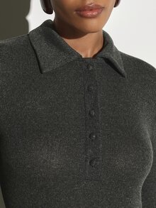 KSTM Long Sleeve Collared Mermaid Dress With Button Detail Fitted Knit Sweater Dress Fall Winter Holiday Party - Dark Grey - View 5