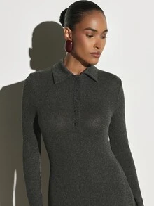 KSTM Long Sleeve Collared Mermaid Dress With Button Detail Fitted Knit Sweater Dress Fall Winter Holiday Party - Dark Grey - View 4