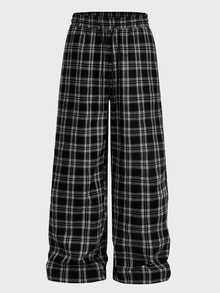 EASEVO Men's Plus Size Casual Plaid Woven Loose Fit Long Pants - Black and White - View 3