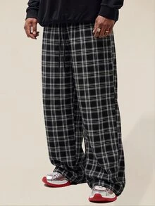 EASEVO Men's Plus Size Casual Plaid Woven Loose Fit Long Pants - Black and White - View 2