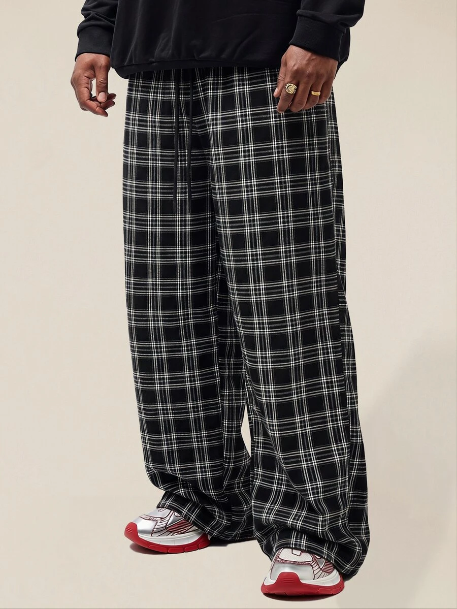EASEVO Men's Plus Size Casual Plaid Woven Loose Fit Long Pants - Black and White - View 1