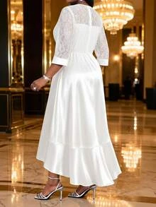 SHEIN Lady Plus Size Elegant Party Solid Color Lace Patchwork Dress - White - View 2