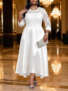 SHEIN Lady Plus Size Elegant Party Solid Color Lace Patchwork Dress - White - View 3