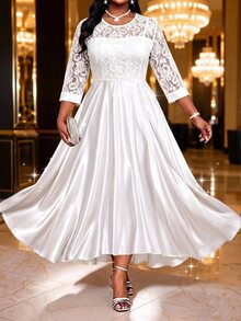 SHEIN Lady Plus Size Elegant Party Solid Color Lace Patchwork Dress - White - View 1