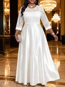 SHEIN Lady Plus Size Elegant Party Solid Color Lace Patchwork Dress - White - View 5