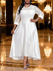 SHEIN Lady Plus Size Elegant Party Solid Color Lace Patchwork Dress - White - View 4