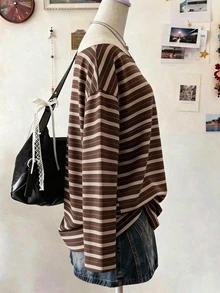 Lalippa 女款棕色拼色條紋長袖寬鬆休閒T恤 - 彩色 - 查看 3