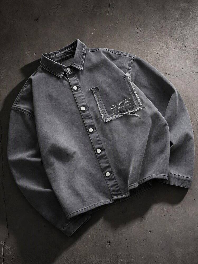 AXEPEAK Men's Washed Dark Grey Printed Long Sleeve Top Birthday Work Autumn Streetwear Street Life - Grey - View 7