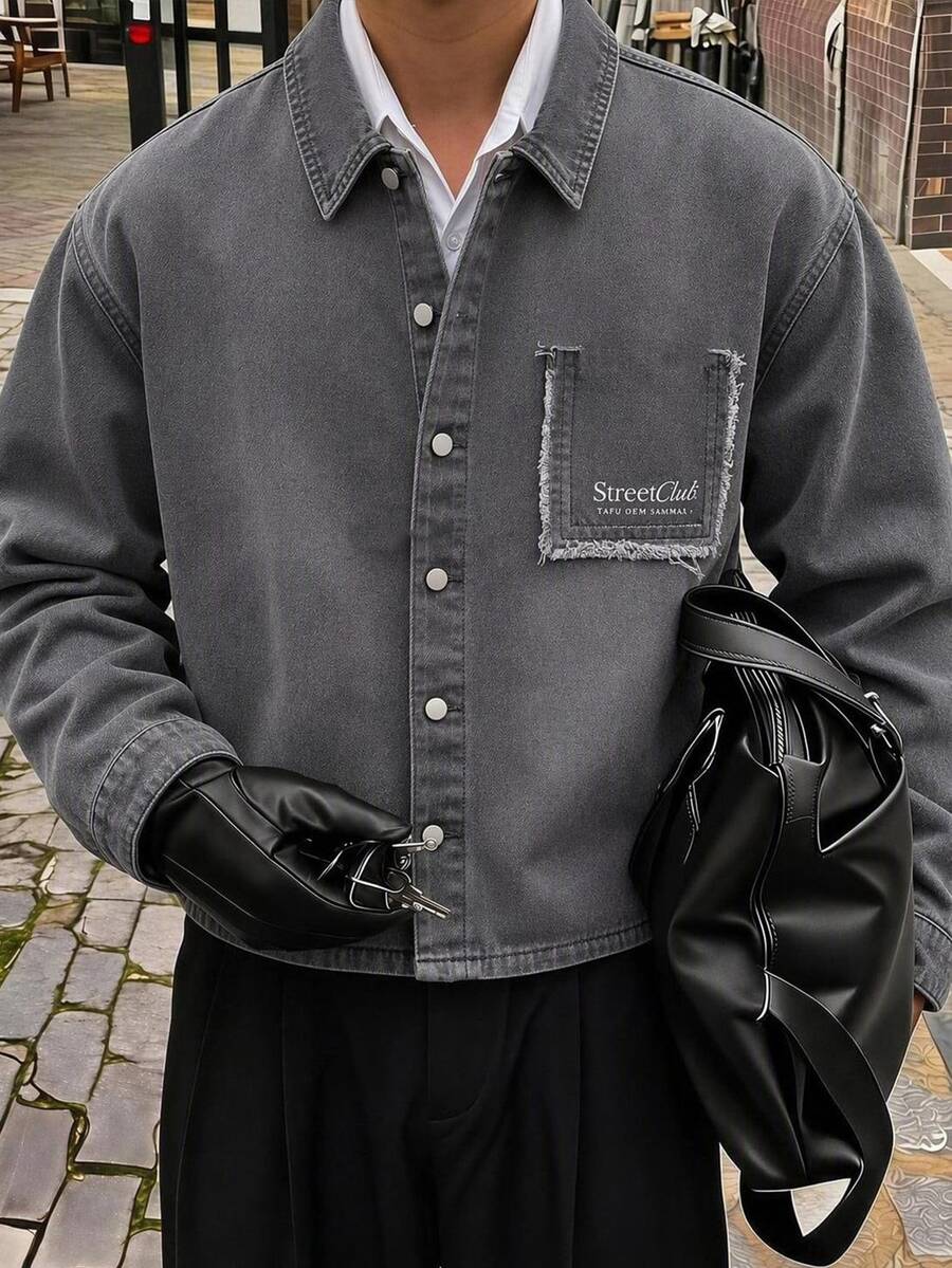 AXEPEAK Men's Washed Dark Grey Printed Long Sleeve Top Birthday Work Autumn Streetwear Street Life - Grey - View 1