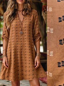 SHEIN LUNE 大尺碼女款法式休閒優雅V領冰絲抓皺雙色洋裝 - 橘色 - 查看 4