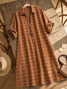SHEIN LUNE 大尺碼女款法式休閒優雅V領冰絲抓皺雙色洋裝 - 橘色 - 查看 1