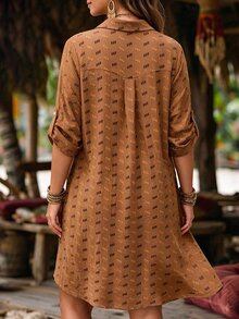 SHEIN LUNE 大尺碼女款法式休閒優雅V領冰絲抓皺雙色洋裝 - 橘色 - 查看 2