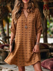 SHEIN LUNE 大尺碼女款法式休閒優雅V領冰絲抓皺雙色洋裝 - 橘色 - 查看 5