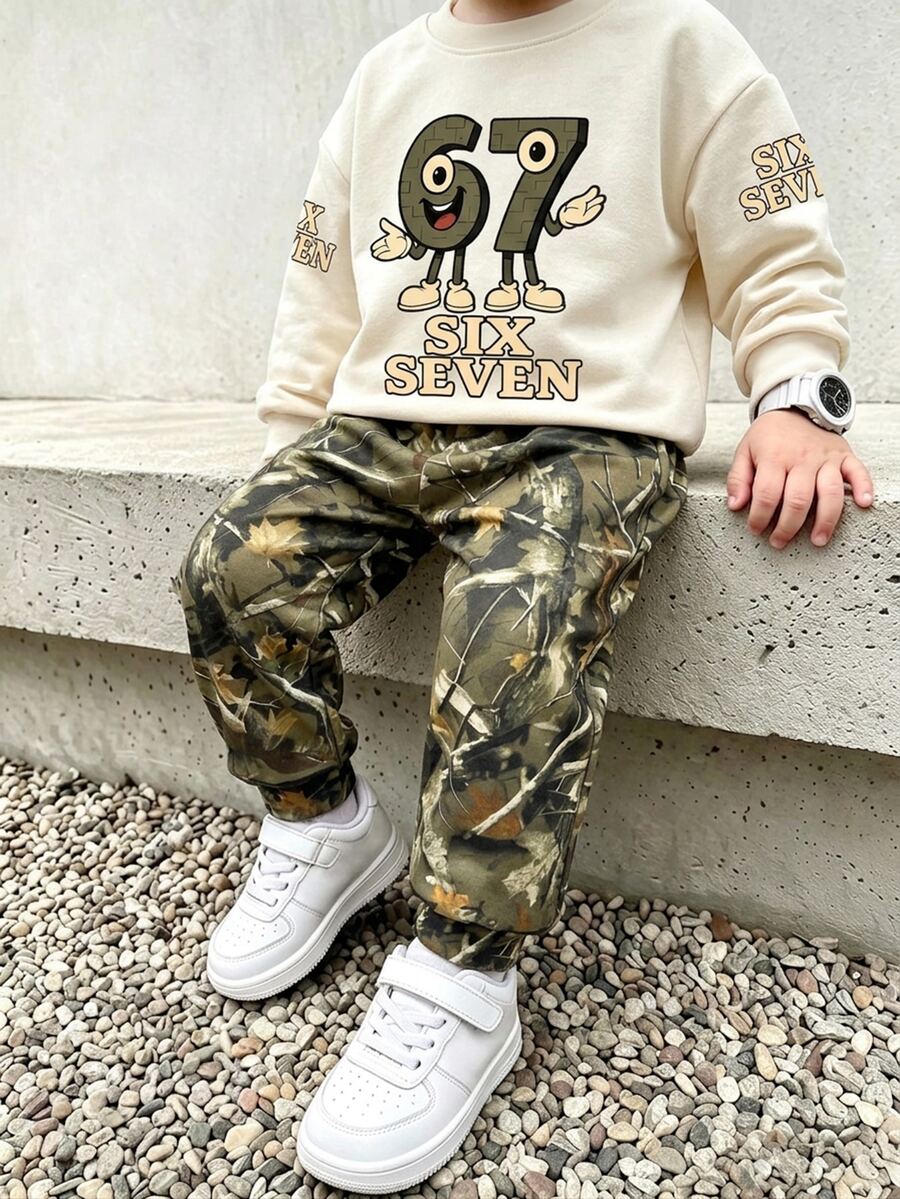 2件組男孩休閒創意迷彩漸層數字67印花圓領衛衣與葉子印花長褲套裝,秋季,白色綠色 - 彩色 - 查看 1