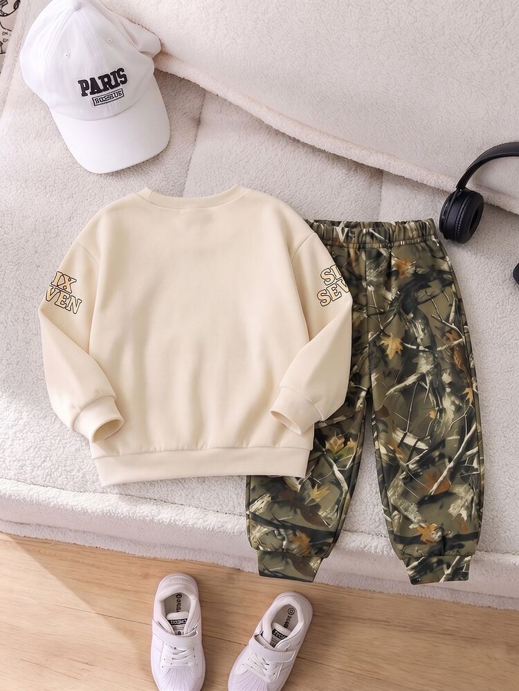 2pcs/Set Boys Casual Creative Camouflage Gradient Number 67 Print Crew Neck Sweatshirt And Matching Camouflage Leaf Print Long Pants Set, Autumn/Winter, Korean Style, Outdoor Wear - Multicolor - View 3