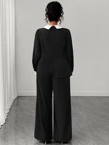 GlowEve CURVE Plus Size Elegant Shawl Collar Black And White Contrast Lantern Sleeve Button Decor Back Zipper Blazer Style Wide Leg Pants Jumpsuit Dinner Autumn - Black and White - View 2