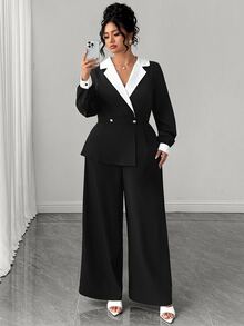 GlowEve CURVE Plus Size Elegant Shawl Collar Black And White Contrast Lantern Sleeve Button Decor Back Zipper Blazer Style Wide Leg Pants Jumpsuit Dinner Autumn - Black and White - View 7