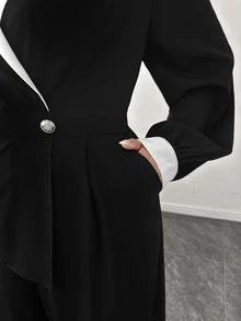 GlowEve CURVE Plus Size Elegant Shawl Collar Black And White Contrast Lantern Sleeve Button Decor Back Zipper Blazer Style Wide Leg Pants Jumpsuit Dinner Autumn - Black and White - View 5