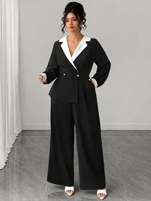 GlowEve CURVE Plus Size Elegant Shawl Collar Black And White Contrast Lantern Sleeve Button Decor Back Zipper Blazer Style Wide Leg Pants Jumpsuit Dinner Autumn - Black and White - View 6