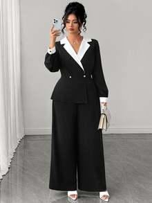 GlowEve CURVE Plus Size Elegant Shawl Collar Black And White Contrast Lantern Sleeve Button Decor Back Zipper Blazer Style Wide Leg Pants Jumpsuit Dinner Autumn - Black and White - View 4