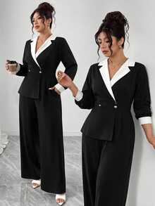 GlowEve CURVE Plus Size Elegant Shawl Collar Black And White Contrast Lantern Sleeve Button Decor Back Zipper Blazer Style Wide Leg Pants Jumpsuit Dinner Autumn - Black and White - View 3