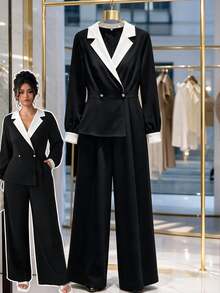 GlowEve CURVE Plus Size Elegant Shawl Collar Black And White Contrast Lantern Sleeve Button Decor Back Zipper Blazer Style Wide Leg Pants Jumpsuit Dinner Autumn - Black and White - View 1