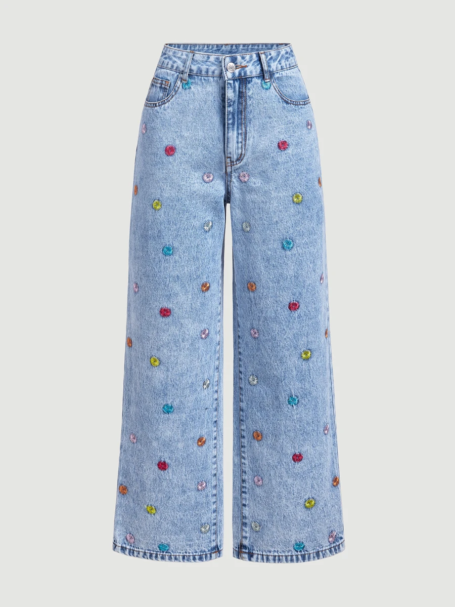 Sweetra Floral Embroidery Wide Leg Jeans - Blue - View 1