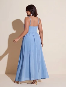 Viva Relle 大尺碼女款春夏優雅浪漫派對婚禮賓客輕便晚禮服伴娘裙細肩帶抹胸收腰雪紡飄逸荷葉邊高開衩洋裝 - 藍色 - 查看 2