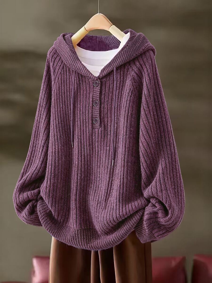 EMERY ROSE Women's Plus Size Ribbed Long Sleeve Casual Hooded Sweatshirt, Autumn/Winter Casual Top Fall - Purple - View 1