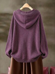 EMERY ROSE Women's Plus Size Ribbed Long Sleeve Casual Hooded Sweatshirt, Autumn/Winter Casual Top Fall - Purple - View 2